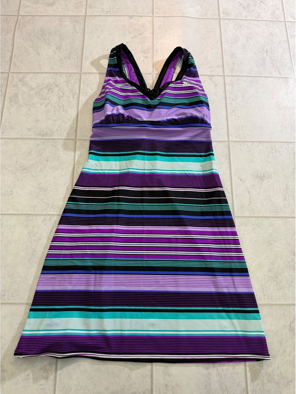 ZeroXposur Women's Striped Swim Dress Size Large Purple Black Aqua